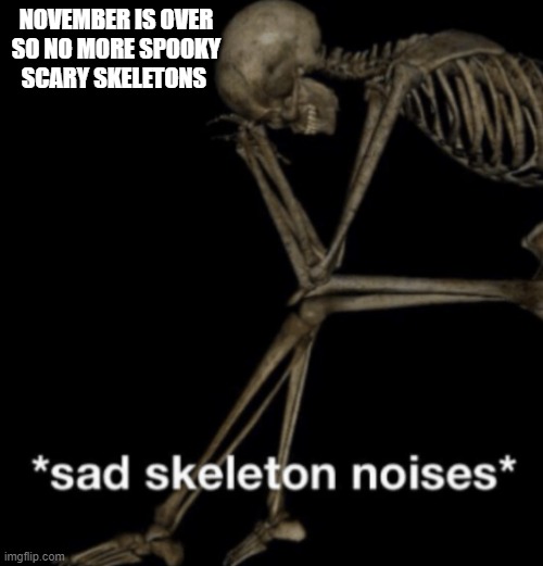 Sad skeleton noises | NOVEMBER IS OVER SO NO MORE SPOOKY SCARY SKELETONS | image tagged in sad skeleton noises | made w/ Imgflip meme maker
