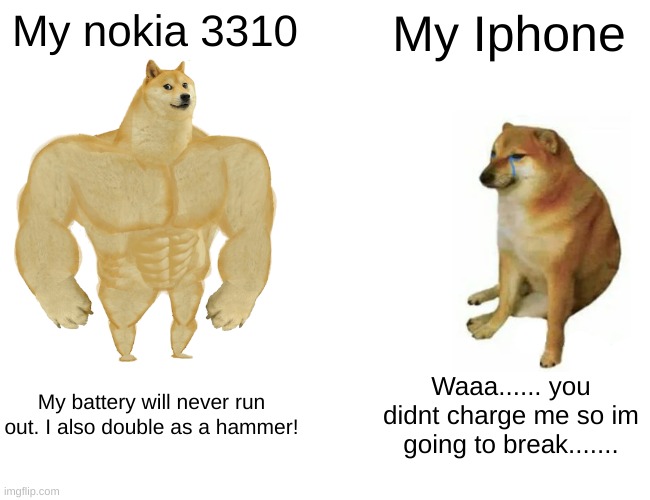 Buff Doge vs. Cheems | My nokia 3310; My Iphone; My battery will never run out. I also double as a hammer! Waaa...... you didnt charge me so im going to break....... | image tagged in memes,buff doge vs cheems | made w/ Imgflip meme maker