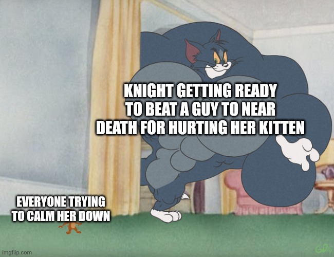 Buff Tom and Jerry Meme Template | KNIGHT GETTING READY TO BEAT A GUY TO NEAR DEATH FOR HURTING HER KITTEN; EVERYONE TRYING TO CALM HER DOWN | image tagged in buff tom and jerry meme template,oc | made w/ Imgflip meme maker