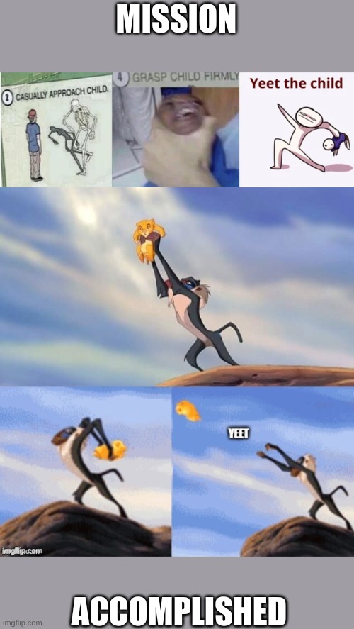 MISSION; ACCOMPLISHED | image tagged in casually approach child grasp child firmly yeet the child,lion king yeet | made w/ Imgflip meme maker