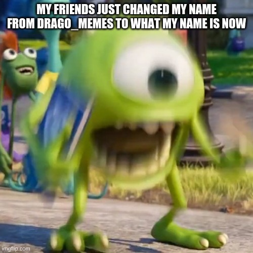 Why | MY FRIENDS JUST CHANGED MY NAME FROM DRAGO_MEMES TO WHAT MY NAME IS NOW | image tagged in mike wazowski | made w/ Imgflip meme maker