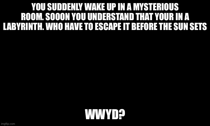 Blakc board | YOU SUDDENLY WAKE UP IN A MYSTERIOUS ROOM. SOOON YOU UNDERSTAND THAT YOUR IN A LABYRINTH. WHO HAVE TO ESCAPE IT BEFORE THE SUN SETS; WWYD? | image tagged in blakc board | made w/ Imgflip meme maker