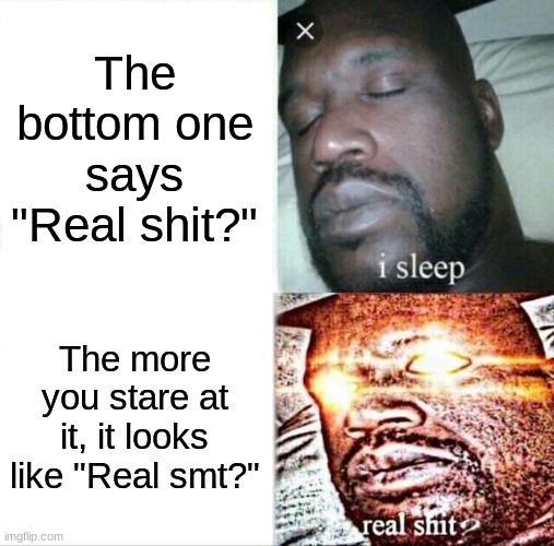 REAL SMT?!?!? | The bottom one says "Real shit?"; The more you stare at it, it looks like "Real smt?" | image tagged in memes,sleeping shaq | made w/ Imgflip meme maker