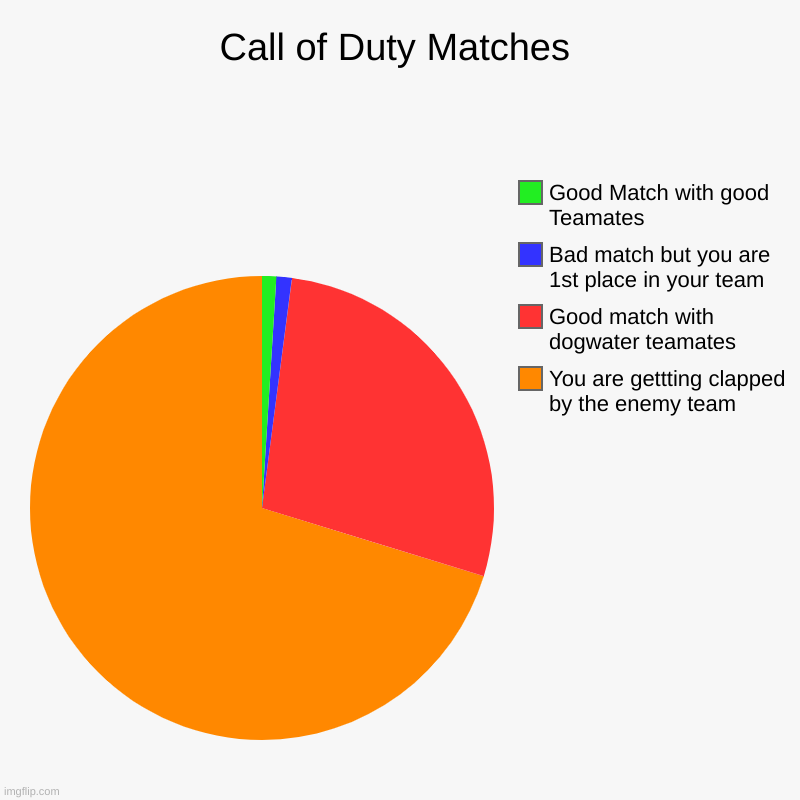 Call of Duty Matches | You are gettting clapped by the enemy team , Good match with dogwater teamates, Bad match but you are 1st place in yo | image tagged in charts,pie charts | made w/ Imgflip chart maker