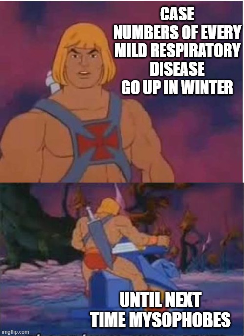 flu | CASE NUMBERS OF EVERY MILD RESPIRATORY DISEASE GO UP IN WINTER; UNTIL NEXT TIME MYSOPHOBES | image tagged in he-man,flu,covid-19,coronavirus,brainwashing,winter | made w/ Imgflip meme maker