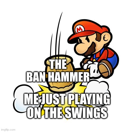 this happened to me before |  THE BAN HAMMER; ME JUST PLAYING ON THE SWINGS | image tagged in memes,mario hammer smash | made w/ Imgflip meme maker