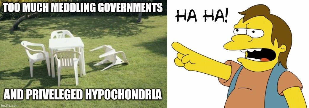 TOO MUCH MEDDLING GOVERNMENTS AND PRIVELEGED HYPOCHONDRIA | image tagged in memes,we will rebuild,ha ha | made w/ Imgflip meme maker