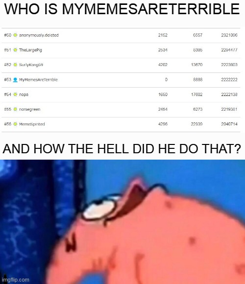 He Ain't Even Got No Memes. How Is His Score So High? |  WHO IS MYMEMESARETERRIBLE; AND HOW THE HELL DID HE DO THAT? | image tagged in imgflip,memes,mymemesareterrible,imgflip community,imgflip users,leaderboard | made w/ Imgflip meme maker
