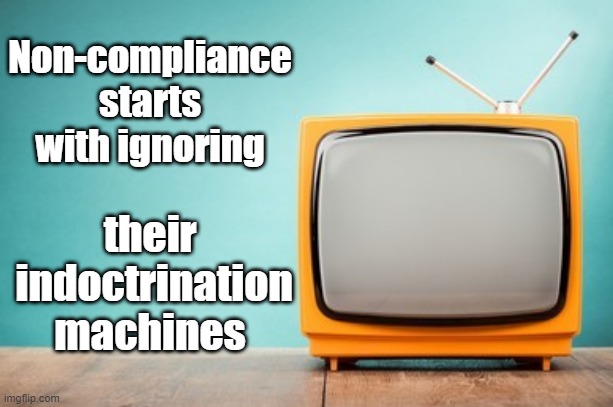 Non-compliance starts with ignoring their indoctrination machines | Non-compliance starts with ignoring; their
 indoctrination
machines | image tagged in non-compliance means smashing these first | made w/ Imgflip meme maker