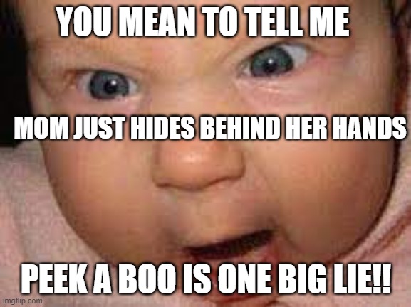 YOU MEAN TO TELL ME; MOM JUST HIDES BEHIND HER HANDS; PEEK A BOO IS ONE BIG LIE!! | image tagged in angry baby | made w/ Imgflip meme maker