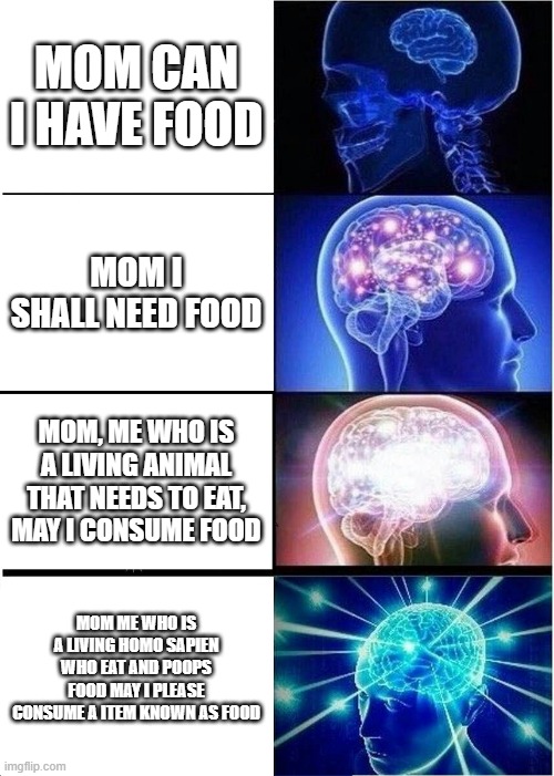 Lets dooooooooooooooooooo this! | MOM CAN I HAVE FOOD; MOM I SHALL NEED FOOD; MOM, ME WHO IS A LIVING ANIMAL THAT NEEDS TO EAT, MAY I CONSUME FOOD; MOM ME WHO IS A LIVING HOMO SAPIEN WHO EAT AND POOPS FOOD MAY I PLEASE CONSUME A ITEM KNOWN AS FOOD | image tagged in memes,expanding brain | made w/ Imgflip meme maker