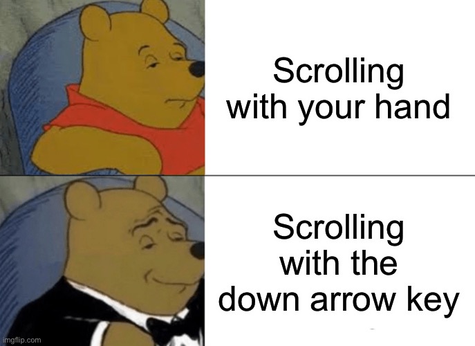 Down arrow key IS very fancy. | Scrolling with your hand; Scrolling with the down arrow key | image tagged in memes,tuxedo winnie the pooh,fancy | made w/ Imgflip meme maker