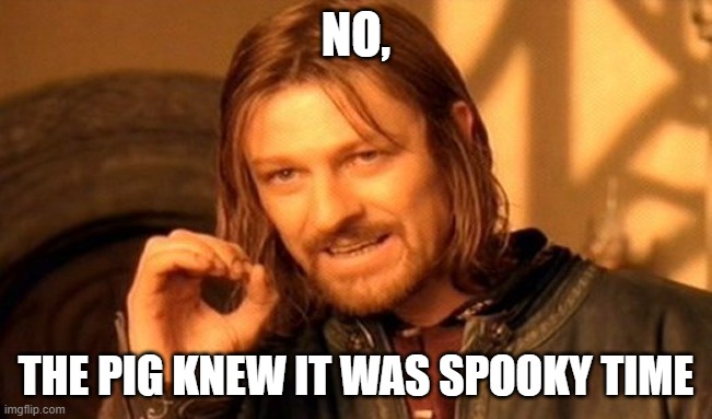 One Does Not Simply Meme | NO, THE PIG KNEW IT WAS SPOOKY TIME | image tagged in memes,one does not simply | made w/ Imgflip meme maker