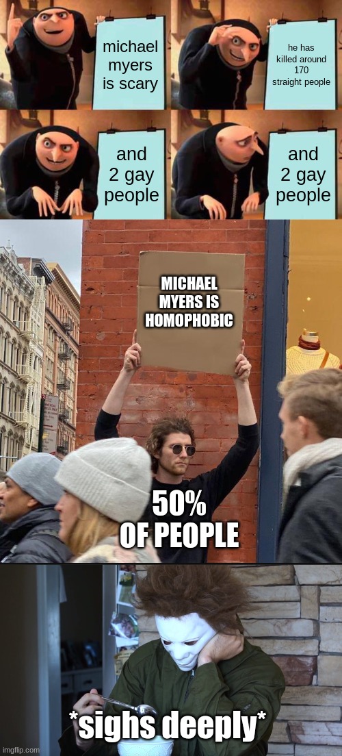 people these days | michael myers is scary; he has killed around 170 straight people; and 2 gay people; and 2 gay people; MICHAEL MYERS IS HOMOPHOBIC; 50% OF PEOPLE; *sighs deeply* | image tagged in memes,gru's plan,guy holding cardboard sign,sad michael myers | made w/ Imgflip meme maker