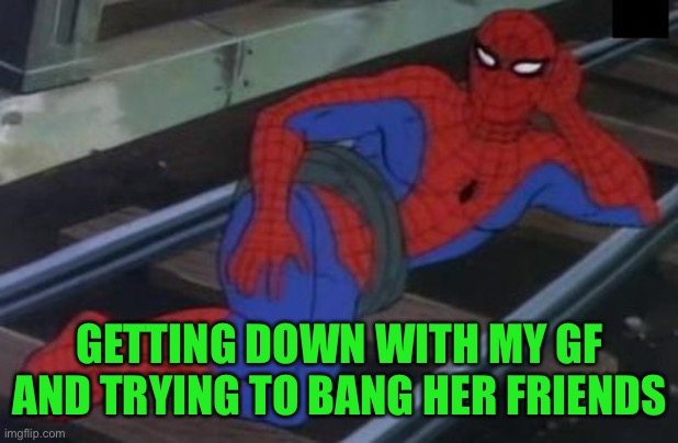 Sexy Railroad Spiderman Meme | GETTING DOWN WITH MY GF AND TRYING TO BANG HER FRIENDS | image tagged in memes,sexy railroad spiderman,spiderman | made w/ Imgflip meme maker