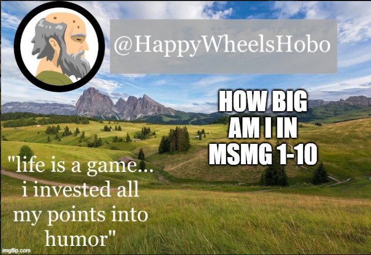 e | HOW BIG AM I IN MSMG 1-10 | image tagged in announcement temp hobo | made w/ Imgflip meme maker