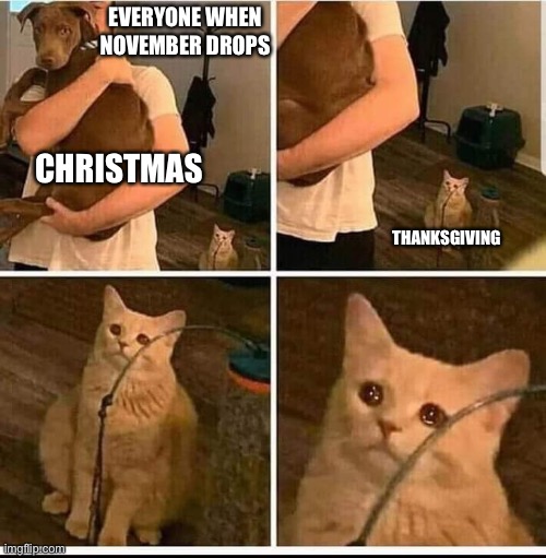 It’s also No Nut November | EVERYONE WHEN NOVEMBER DROPS; CHRISTMAS; THANKSGIVING | image tagged in man holding dog cat in the back,christmas,thanksgiving,november | made w/ Imgflip meme maker