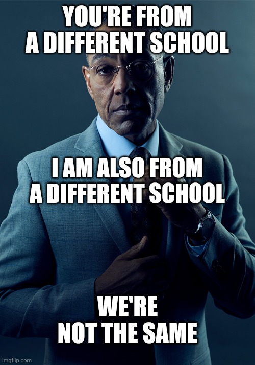 We are not the same | YOU'RE FROM A DIFFERENT SCHOOL I AM ALSO FROM A DIFFERENT SCHOOL WE'RE NOT THE SAME | image tagged in we are not the same | made w/ Imgflip meme maker