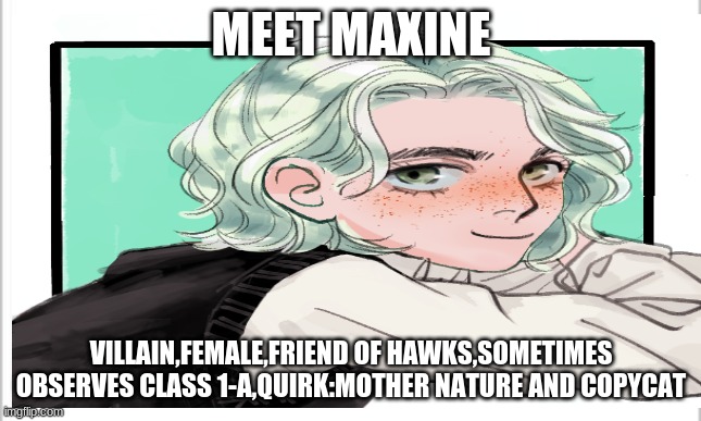 MEET MAXINE; VILLAIN,FEMALE,FRIEND OF HAWKS,SOMETIMES OBSERVES CLASS 1-A,QUIRK:MOTHER NATURE AND COPYCAT | image tagged in mha,my oc | made w/ Imgflip meme maker
