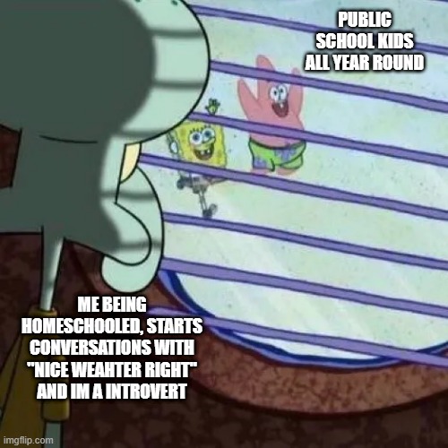 Feel left out | PUBLIC SCHOOL KIDS ALL YEAR ROUND; ME BEING HOMESCHOOLED, STARTS CONVERSATIONS WITH "NICE WEAHTER RIGHT" AND IM A INTROVERT | image tagged in homeschool introvert,relatable | made w/ Imgflip meme maker