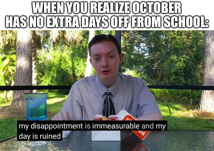 My Disappointment Is Immeasurable | WHEN YOU REALIZE OCTOBER HAS NO EXTRA DAYS OFF FROM SCHOOL: | image tagged in my disappointment is immeasurable,october,school | made w/ Imgflip meme maker