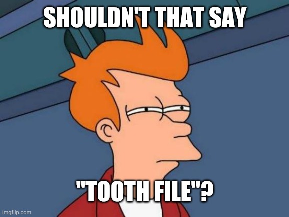 Futurama Fry Meme | SHOULDN'T THAT SAY "TOOTH FILE"? | image tagged in memes,futurama fry | made w/ Imgflip meme maker
