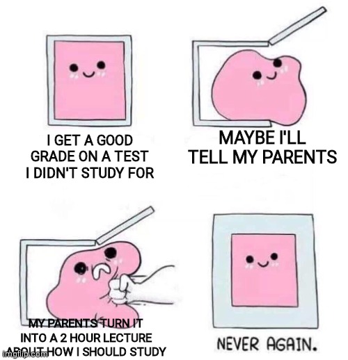 This happened | MAYBE I'LL TELL MY PARENTS; I GET A GOOD GRADE ON A TEST I DIDN'T STUDY FOR; MY PARENTS TURN IT INTO A 2 HOUR LECTURE ABOUT HOW I SHOULD STUDY | image tagged in never again,parents,why,test | made w/ Imgflip meme maker
