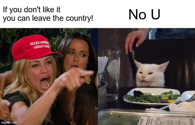 Take one's own advice already | If you don't like it you can leave the country! No U | image tagged in memes,woman yelling at cat,maga,no u,leave the country | made w/ Imgflip meme maker