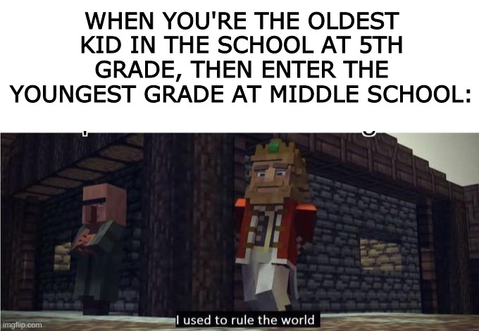 I'm sure we have all been there... | WHEN YOU'RE THE OLDEST KID IN THE SCHOOL AT 5TH GRADE, THEN ENTER THE YOUNGEST GRADE AT MIDDLE SCHOOL: | image tagged in blank white template,fallen kingdom,school,elementary,middle school,i used to rule the world | made w/ Imgflip meme maker