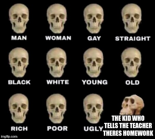 i hate that one kid | THE KID WHO TELLS THE TEACHER THERES HOMEWORK | image tagged in idiot skull | made w/ Imgflip meme maker