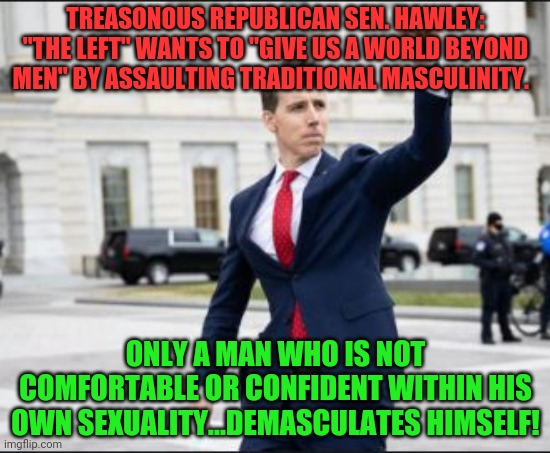 Hawley | TREASONOUS REPUBLICAN SEN. HAWLEY: "THE LEFT" WANTS TO "GIVE US A WORLD BEYOND MEN" BY ASSAULTING TRADITIONAL MASCULINITY. ONLY A MAN WHO IS NOT COMFORTABLE OR CONFIDENT WITHIN HIS OWN SEXUALITY...DEMASCULATES HIMSELF! | image tagged in hawley | made w/ Imgflip meme maker