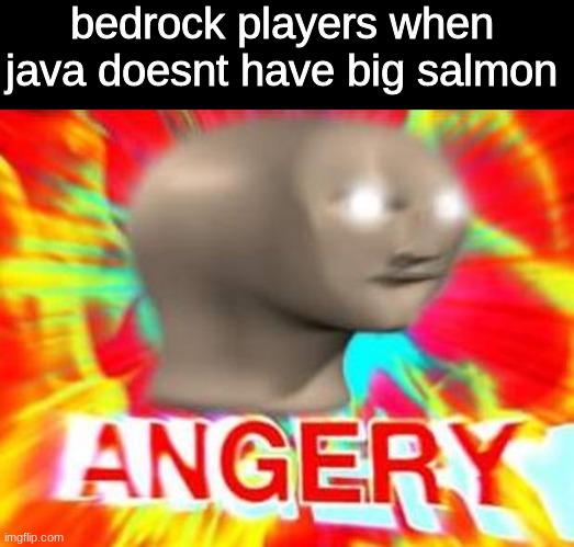 "this is unplayable" | bedrock players when java doesnt have big salmon | image tagged in surreal angery,surreal,memes,funni,minecraft | made w/ Imgflip meme maker