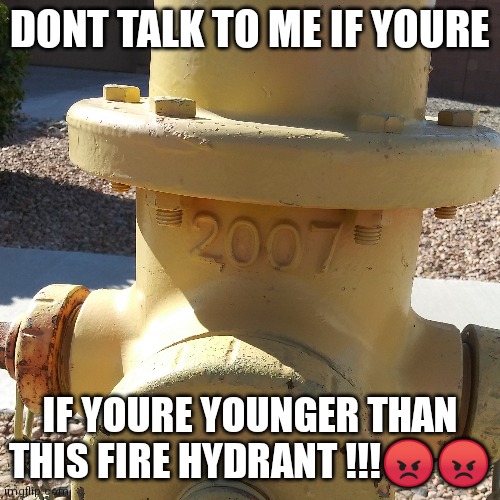 hydrant | DONT TALK TO ME IF YOURE; IF YOURE YOUNGER THAN THIS FIRE HYDRANT !!!😡😡 | image tagged in memes,meme,bottom text | made w/ Imgflip meme maker