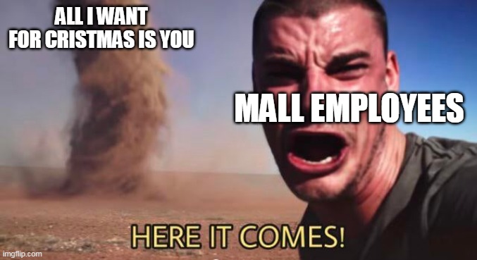 November 1st be like: | ALL I WANT FOR CRISTMAS IS YOU; MALL EMPLOYEES | image tagged in here it comes | made w/ Imgflip meme maker