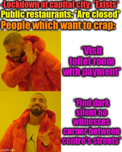 -Care my #@it! | -Lockdown at capital city: *Exists*; Public restaurants: *Are closed*; People which want to crap:; *Visit toilet room with payment*; *Find dark silent no witnesses corner between centre's streets* | image tagged in memes,drake hotline bling,toilet humor,toilet paper,lockdown,new york city | made w/ Imgflip meme maker