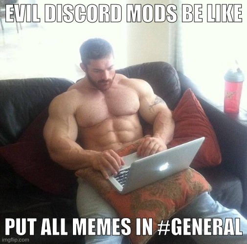 Buff guy typing on a laptop | EVIL DISCORD MODS BE LIKE; PUT ALL MEMES IN #GENERAL | image tagged in buff guy typing on a laptop | made w/ Imgflip meme maker