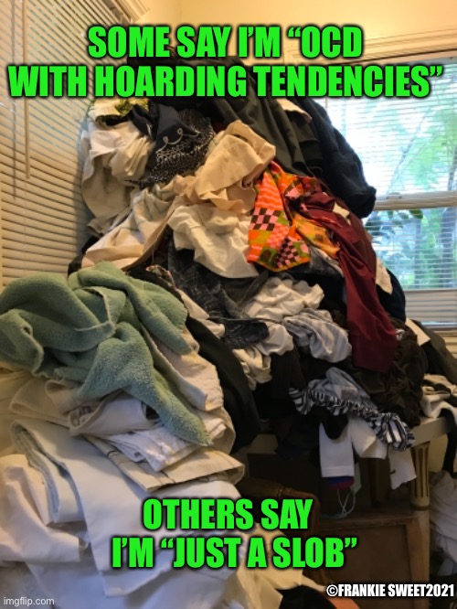 Some say I’m OCD | SOME SAY I’M “OCD WITH HOARDING TENDENCIES”; OTHERS SAY   I’M “JUST A SLOB”; ©FRANKIE SWEET2021 | image tagged in ocd,slob,laundry,laundry day,piles,sloppy | made w/ Imgflip meme maker