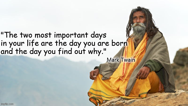 The most important days in your life | "The two most important days 
in your life are the day you are born 
and the day you find out why."; Mark Twain | image tagged in mark twain | made w/ Imgflip meme maker