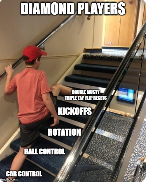 Diamond Players be like | DIAMOND PLAYERS; DOUBLE MUSTY TRIPLE TAP FLIP RESETS; KICKOFFS; ROTATION; BALL CONTROL; CAR CONTROL | image tagged in skipping steps,rocket league | made w/ Imgflip meme maker