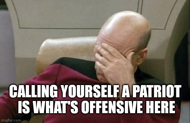 Captain Picard Facepalm Meme | CALLING YOURSELF A PATRIOT
 IS WHAT'S OFFENSIVE HERE | image tagged in memes,captain picard facepalm | made w/ Imgflip meme maker