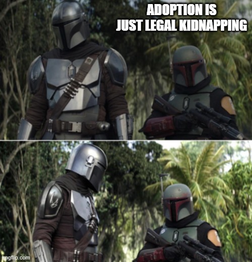 Mando and Boba | ADOPTION IS JUST LEGAL KIDNAPPING | image tagged in mando and boba | made w/ Imgflip meme maker