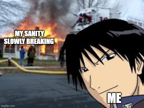 Roy Mustang house fire | MY SANITY SLOWLY BREAKING; ME | image tagged in roy mustang house fire | made w/ Imgflip meme maker