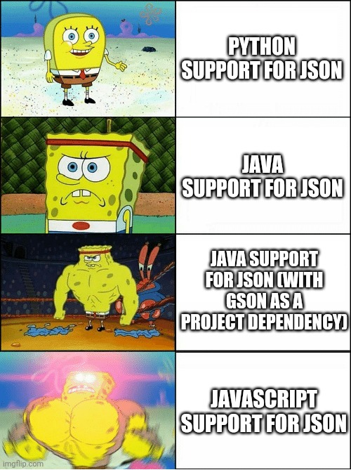 Programmer humor | PYTHON SUPPORT FOR JSON; JAVA SUPPORT FOR JSON; JAVA SUPPORT FOR JSON (WITH GSON AS A PROJECT DEPENDENCY); JAVASCRIPT SUPPORT FOR JSON | image tagged in sponge finna commit muder,programming,computer,java,javascript | made w/ Imgflip meme maker