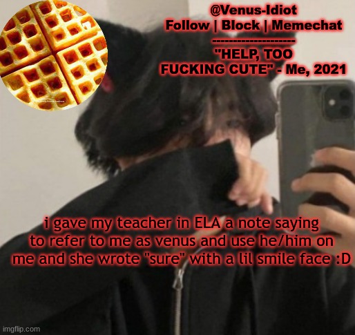 my waffle temp bc im a SIMP |  i gave my teacher in ELA a note saying to refer to me as venus and use he/him on me and she wrote "sure" with a lil smile face :D | image tagged in my waffle temp bc im a simp | made w/ Imgflip meme maker