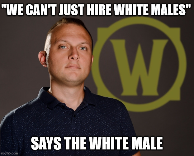 Ion Hazzikostas Interview | "WE CAN'T JUST HIRE WHITE MALES"; SAYS THE WHITE MALE | image tagged in world of warcraft,male feminist,diversity,hypocrisy,blizzard entertainment,sexual harassment | made w/ Imgflip meme maker