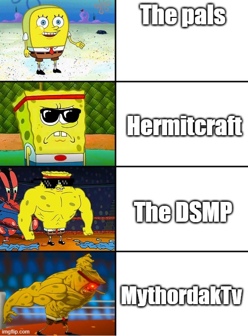 Mythordak is big brain | The pals; Hermitcraft; The DSMP; MythordakTv | image tagged in spongebob getting stronger | made w/ Imgflip meme maker