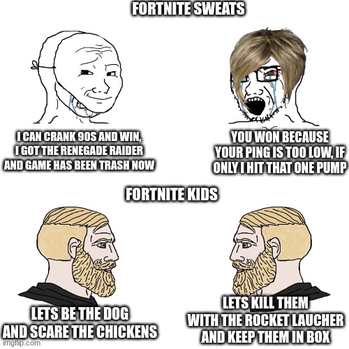 fortnite 2 |  FORTNITE SWEATS; I CAN CRANK 90S AND WIN, I GOT THE RENEGADE RAIDER AND GAME HAS BEEN TRASH NOW; YOU WON BECAUSE YOUR PING IS TOO LOW, IF ONLY I HIT THAT ONE PUMP; FORTNITE KIDS; LETS KILL THEM WITH THE ROCKET LAUCHER AND KEEP THEM IN BOX; LETS BE THE DOG AND SCARE THE CHICKENS | image tagged in crying wojak / i know chad meme | made w/ Imgflip meme maker