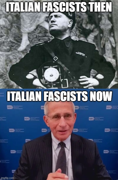 We fought an Italian Fascist in WW2 but today we are ruled by one | ITALIAN FASCISTS THEN; ITALIAN FASCISTS NOW | image tagged in fauci,mussolini,evil,tyranny | made w/ Imgflip meme maker