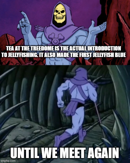 special spongebob episode facts #3 | TEA AT THE TREEDOME IS THE ACTUAL INTRODUCTION TO JELLYFISHING. IT ALSO MADE THE FIRST JELLYFISH BLUE; UNTIL WE MEET AGAIN | image tagged in skeletor until we meet again | made w/ Imgflip meme maker