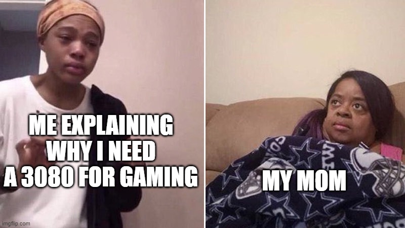 Me explaining to my mom | ME EXPLAINING WHY I NEED A 3080 FOR GAMING; MY MOM | image tagged in me explaining to my mom | made w/ Imgflip meme maker